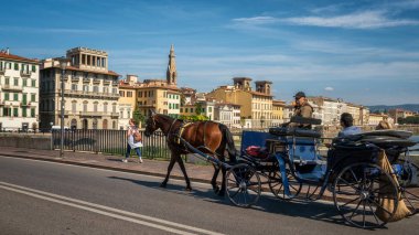 Florence, İtalya - Eyl 30, 2017: Floransa, Toskana, İtalya sokakta çizilmiş at arabası geçecek. Sanat ve Kültür Merkezi ve ünlü seyahat hedef merkezi İtalya'nın Floransa olduğunu.