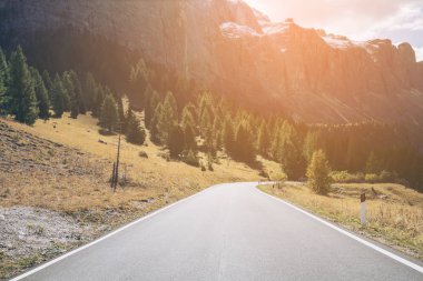 Ağaçlar, orman ve dağlar arka planlar ile güzel dağ yolu. Devlet karayolu yolu Passo Gardena, Sella dağ grup Dolomites dağ İtalya alınan.