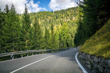 Ağaçlar, orman ve dağlar arka planlar ile güzel dağ yolu. Devlet karayolu yolu Dolomites Dağı İtalya'nın alınan.