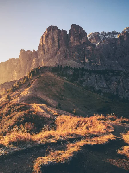 Dolomiten Italienische Landschaft Grödnerpass Mit Majestätischer Sellagruppe Den Nordwestlichen Dolomiten — Stockfoto