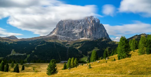 Dolomites Italia Panoramic Landscape Matahari Terbit Menyinari Sassolungo Langkofel Group — Stok Foto