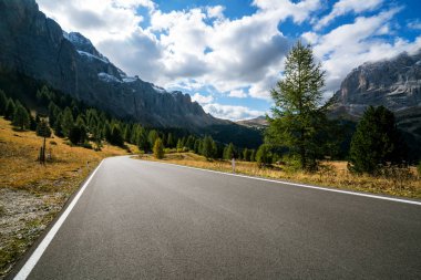 Ağaçlar, orman ve dağlar arka planlar ile güzel dağ yolu. Devlet karayolu yolu Passo Gardena, Sella dağ grup Dolomites dağ İtalya alınan.