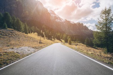 Ağaçlar, orman ve dağlar arka planlar ile güzel dağ yolu. Devlet karayolu yolu Passo Gardena, Sella dağ grup Dolomites dağ İtalya alınan.