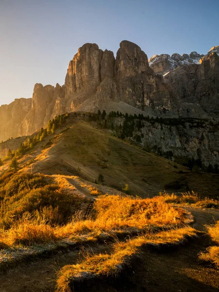 Dolomiten Italienische Landschaft Grödnerpass Mit Majestätischer Sellagruppe Den Nordwestlichen Dolomiten — Stockfoto