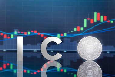 (ICO) sunan ilk madeni para ve dijital belirteci kavramı - yatırım fiziksel metal dijital paralar ile arka planda mavi küresel ticaret Döviz piyasa fiyatı grafiği.