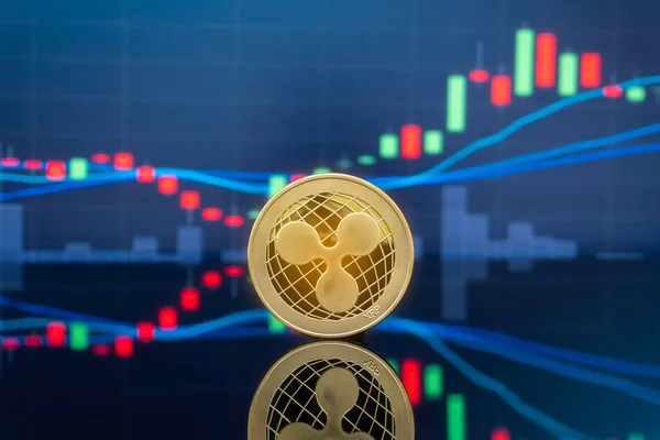 Xrp Cryptocurrency 投资概念 物理金属波纹硬币与全球交易交易所市场价格图表在背景下 — 图库照片
