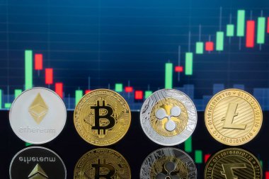 Bitcoin ve kavram - yatırım cryptocurrency fiziksel metal Bitcoin paralar ile küresel ticaret Döviz piyasa fiyatı grafiği içinde belgili tanımlık geçmiş.