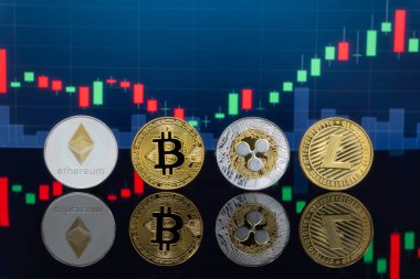 Bitcoin ve kavram - yatırım cryptocurrency fiziksel metal Bitcoin paralar ile küresel ticaret Döviz piyasa fiyatı grafiği içinde belgili tanımlık geçmiş.