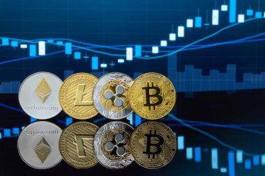 Bitcoin ve kavram - yatırım cryptocurrency fiziksel metal Bitcoin paralar ile küresel ticaret Döviz piyasa fiyatı grafiği içinde belgili tanımlık geçmiş.