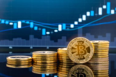 Bitcoin ve kavram - yatırım cryptocurrency fiziksel metal Bitcoin paralar ile küresel ticaret Döviz piyasa fiyatı grafiği içinde belgili tanımlık geçmiş.