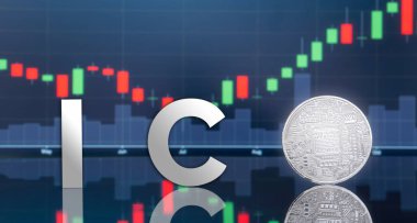 (ICO) sunan ilk madeni para ve dijital belirteci kavramı - yatırım fiziksel metal dijital paralar ile arka planda mavi küresel ticaret Döviz piyasa fiyatı grafiği.