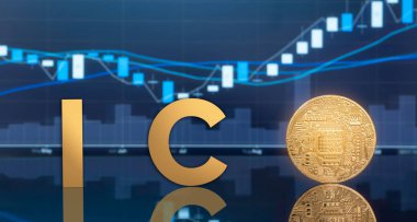 (ICO) sunan ilk madeni para ve dijital belirteci kavramı - yatırım fiziksel metal dijital paralar ile arka planda mavi küresel ticaret Döviz piyasa fiyatı grafiği.