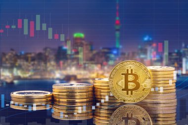 Piyasa ticaret fiyat tablosu Bitcoin Btc ve kavram - fiziksel Bitcoin paralar şehir arka plan ve exchange ile yatırım cryptocurrency. Blockchain ve finans teknolojileri.