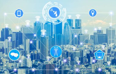 Akıllı şehir kablosuz iletişim ağı Internet şeyler (çok) ve bilgi iletişim teknolojisi (ICT) modern şehir binaları içinde belgili tanımlık geçmiş karşı grafik gösteren kavramı ile.