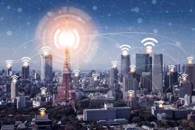 Smart city wireless communication network with graphic showing concept of internet of things ( IOT ) and information communication technology ( ICT ) against modern city buildings in the background. clipart