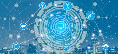 Akıllı şehir kablosuz iletişim ağı Internet şeyler (çok) ve bilgi iletişim teknolojisi (ICT) modern şehir binaları içinde belgili tanımlık geçmiş karşı grafik gösteren kavramı ile.