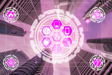 Akıllı şehir kablosuz iletişim ağı Internet şeyler (çok) ve bilgi iletişim teknolojisi (ICT) modern şehir binaları içinde belgili tanımlık geçmiş karşı grafik gösteren kavramı ile.