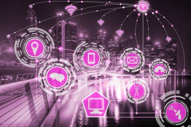 Akıllı şehir kablosuz iletişim ağı Internet şeyler (çok) ve bilgi iletişim teknolojisi (ICT) modern şehir binaları içinde belgili tanımlık geçmiş karşı grafik gösteren kavramı ile.