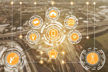 Akıllı şehir kablosuz iletişim ağı Internet şeyler (çok) ve bilgi iletişim teknolojisi (ICT) modern şehir binaları içinde belgili tanımlık geçmiş karşı grafik gösteren kavramı ile.