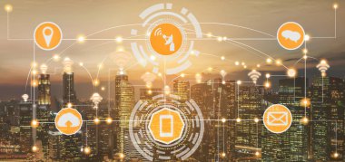 Akıllı şehir kablosuz iletişim ağı Internet şeyler (çok) ve bilgi iletişim teknolojisi (ICT) modern şehir binaları içinde belgili tanımlık geçmiş karşı grafik gösteren kavramı ile.