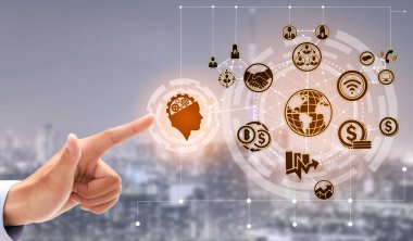 Akıllı şehir kablosuz iletişim ağı Internet şeyler (çok) ve bilgi iletişim teknolojisi (ICT) modern şehir binaları içinde belgili tanımlık geçmiş karşı grafik gösteren kavramı ile.