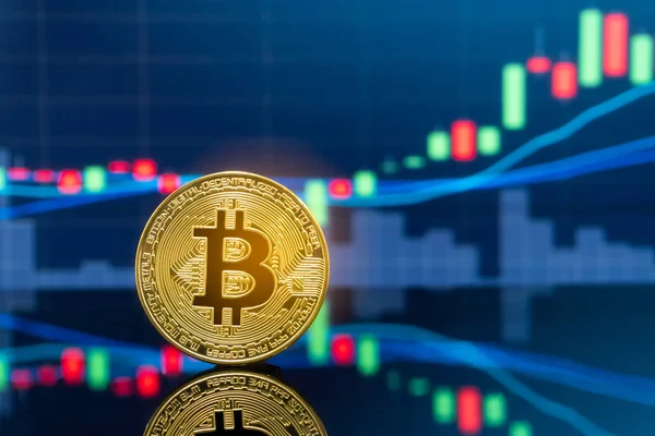 Bitcoin Cryptocurrency 投資コンセプト バック グラウンドでグローバル取引為替市場価格グラフの物理的な金属 Bitcoin — ストック写真