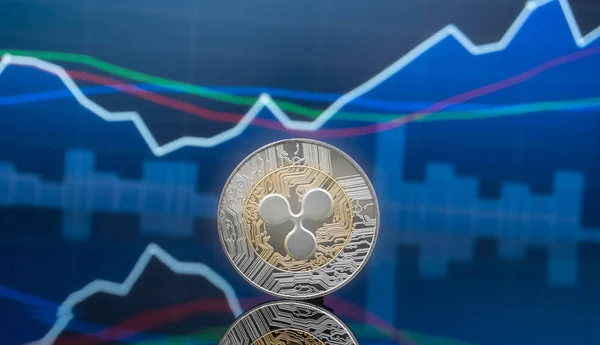 Xrp Cryptocurrency 投资概念 物理金属波纹硬币与全球交易交易所市场价格图表在背景下 — 图库照片