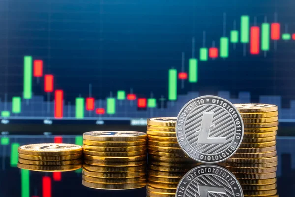 Litecoin (Ltc) ve cryptocurrency yatırım kavramı - fiziksel metal litecoin genel ticaret Döviz piyasa fiyatı grafik içinde belgili tanımlık geçmiş ile madeni paralar.