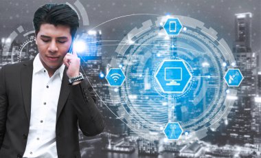 Akıllı şehir kablosuz iletişim ağı Internet şeyler (çok) ve bilgi iletişim teknolojisi (ICT) modern şehir binaları içinde belgili tanımlık geçmiş karşı grafik gösteren kavramı ile.