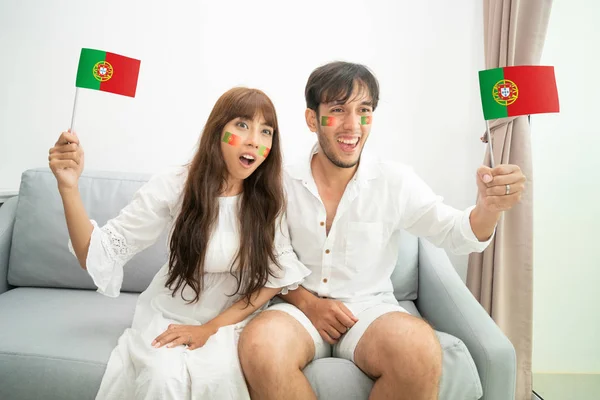 Portugal Soccer Fan Cheering Watching World Competitions Television Living Room — Stock Photo, Image