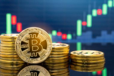 Bitcoin ve kavram - yatırım cryptocurrency fiziksel metal Bitcoin paralar ile küresel ticaret Döviz piyasa fiyatı grafiği içinde belgili tanımlık geçmiş.