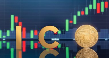 (ICO) sunan ilk madeni para ve dijital belirteci kavramı - yatırım fiziksel metal dijital paralar ile arka planda mavi küresel ticaret Döviz piyasa fiyatı grafiği.
