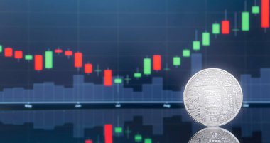 (ICO) sunan ilk madeni para ve dijital para kavramı - yatırım fiziksel metal dijital paralar ile arka planda mavi küresel ticaret Döviz piyasa fiyatı grafiği.