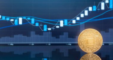 (ICO) sunan ilk madeni para ve dijital para kavramı - yatırım fiziksel metal dijital paralar ile arka planda mavi küresel ticaret Döviz piyasa fiyatı grafiği.