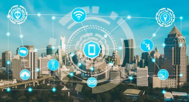 Akıllı şehir ve kablosuz iletişim ağ kavramı - Internet of Things (çok), bilgi iletişim teknolojileri (ICT )