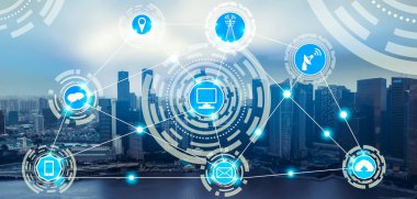 Akıllı şehir kablosuz iletişim ağı Internet şeyler (çok) ve bilgi iletişim teknolojisi (ICT) modern şehir binaları içinde belgili tanımlık geçmiş karşı grafik gösteren kavramı ile.