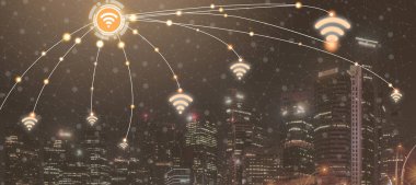 Akıllı şehir kablosuz iletişim ağı Internet şeyler (çok) ve bilgi iletişim teknolojisi (ICT) modern şehir binaları içinde belgili tanımlık geçmiş karşı grafik gösteren kavramı ile.