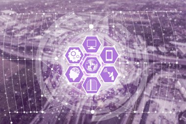 Akıllı şehir kablosuz iletişim ağı Internet şeyler (çok) ve bilgi iletişim teknolojisi (ICT) modern şehir binaları içinde belgili tanımlık geçmiş karşı grafik gösteren kavramı ile.