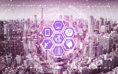 Akıllı şehir kablosuz iletişim ağı Internet şeyler (çok) ve bilgi iletişim teknolojisi (ICT) modern şehir binaları içinde belgili tanımlık geçmiş karşı grafik gösteren kavramı ile.