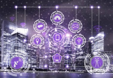 Akıllı şehir kablosuz iletişim ağı Internet şeyler (çok) ve bilgi iletişim teknolojisi (ICT) modern şehir binaları içinde belgili tanımlık geçmiş karşı grafik gösteren kavramı ile.