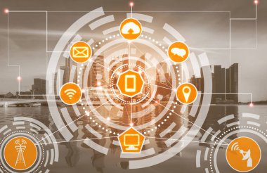 Akıllı şehir kablosuz iletişim ağı Internet şeyler (çok) ve bilgi iletişim teknolojisi (ICT) modern şehir binaları içinde belgili tanımlık geçmiş karşı grafik gösteren kavramı ile.