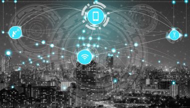 Akıllı şehir kablosuz iletişim ağı Internet şeyler (çok) ve bilgi iletişim teknolojisi (ICT) modern şehir binaları içinde belgili tanımlık geçmiş karşı grafik gösteren kavramı ile.