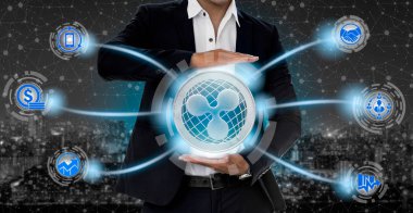 Dalgalanma ve kavram - işadamı dalgalanma (Xrp) alışverişi, ticaret, transfer ve blockchain teknoloji yatırım gösteren mobil uygulama iş ikonları/simgeleri ile tutarak yatırım cryptocurrency.