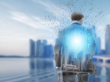 İş takım modern iş binalar ve arka planda cityscape çekip içinde işadamı gerçeküstü resmini. Dijital yenilik ve teknoloji bozulma kavramı.