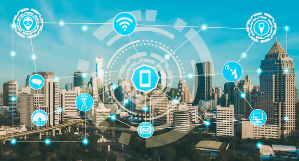 Smart city and wireless communication network concept - Internet of Things ( IOT ), Information Communication Technology ( ICT )