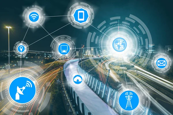 Akıllı şehir kablosuz iletişim ağı Internet şeyler (çok) ve bilgi iletişim teknolojisi (ICT) modern şehir binaları içinde belgili tanımlık geçmiş karşı grafik gösteren kavramı ile.