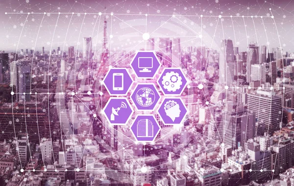 Akıllı şehir kablosuz iletişim ağı Internet şeyler (çok) ve bilgi iletişim teknolojisi (ICT) modern şehir binaları içinde belgili tanımlık geçmiş karşı grafik gösteren kavramı ile.