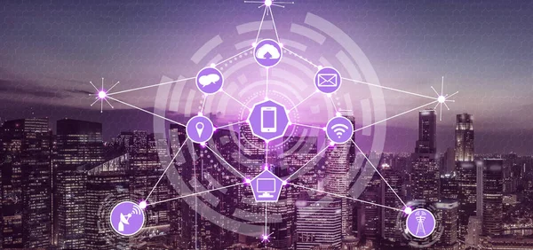 Akıllı şehir kablosuz iletişim ağı Internet şeyler (çok) ve bilgi iletişim teknolojisi (ICT) modern şehir binaları içinde belgili tanımlık geçmiş karşı grafik gösteren kavramı ile.