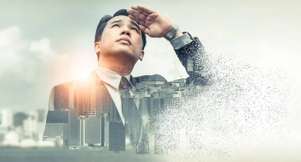 Double exposure - Business leader vision for success, looking away with modern buildings in city background. Concept of talented leadership.