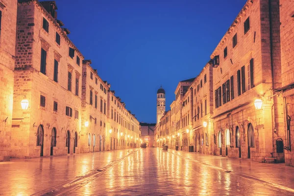Történelmi Utcán Stradun Placa Régi Város Dubrovnik Horvátország Éjjel Kiemelkedő — Stock Fotó